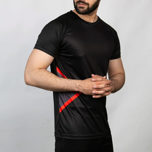 T-shirt noir à manches courtes pour homme, col rond, logo sur le devant, coupe classique, tricoté, 100 % polyester, anti-boulochage, séchage rapide - Product Image 2