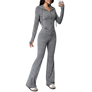 Women's Gray 2 Piece <b>Yoga</b> Set Full Length Leg Zipper Hoodie <b>Sweatshirt</b> Pants Solid Color Breathable Spandex Cotton - Product Image 2