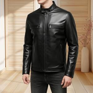 Veste en cuir véritable noire unie pour homme avec logo sur le devant, respirante et imperméable, qualité supérieure, service OEM - Product Image 4