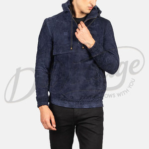 Veste Anorak à Capuche Homme en Daim Bleu Marine, Coupe Slim, Décontractée, Demi-Zip, en Daim Véritable Doux, Tendance - Product Image 3