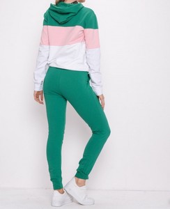 <b>Women</b> Color Blocking Hooded Sweatshirt Tracksuit Set Full Sleeve Green Pink <b>White</b> <b>Jogger</b> Pants Casual Outfit Spring Wear - Product Image 3