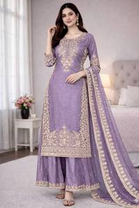 Ensemble Salwar Kameez de Luxe en Soie avec Broderie Zari Dorée, Tenue de Cérémonie Designer, Ensemble Palazzo en Georgette avec Bordure, Hiver et Été - Product Image 3