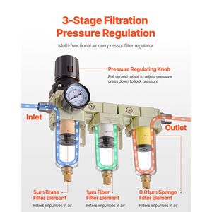 Filtro Regolatore Aria Compressore a 3 Stadi in Metallo 3/8'' NPT con Separatore Acqua da 5 µm/1 µm/0,01 µm per Compressori ed Elettrodomestici - Product Image 2