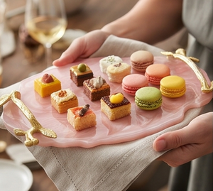 Elegante Bandeja de Servir de Resina Floral Rosa con Asas de Hoja de Oro, Pieza Decorativa para el Hogar, Restaurantes, Bodas y Eventos - Product Image 5