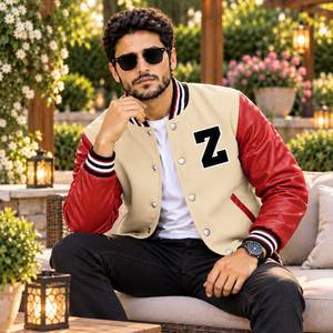Custom <b>Cream</b> Varsity <b>Jacket</b> for <b>MEN</b> & WOMEN with Optional Chenille Patch Embroidery Letterman <b>Jackets</b>, Wool Red Leather Sleeves - Product Image 2