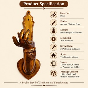 SHUBHAM Decorative Brass Finish Hand <b>Towel</b> Hook Wall Mounted <b>Robe</b> Hook Bathroom Rail Holder - Product Image 4