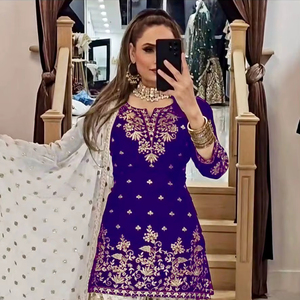 Conjunto de Kurti indio bordado con pantalón Palazzo y dupatta. - Product Image 1