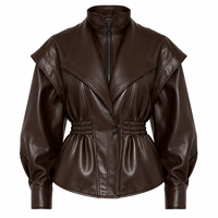 Veste en cuir marron foncé pour femme, taille froncée, revers large, manches longues, vêtement d'extérieur tendance