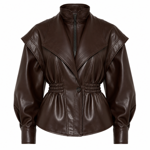 <b>Women</b>’s Dark Brown <b>Leather</b> <b>Jacket</b> Ruched Waist Wide Lapel <b>Long</b> Sleeve Fashion Outerwear - Product Image 1