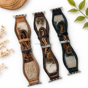 Bracelets de montre rustiques en cuir de vachette véritable usiné à la main avec compatibilité d'accents capillaires avec outillage floral pour un style occidental audacieux - Product Image 4
