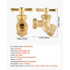 Rubinetto da Esterno in Ottone Resistente con Connessione 1/2'' FIP x 3/4'' MHT, Valvola da Giardino Multiturn in Metallo - Product Image 3