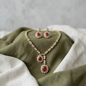 Luxury <b>Ruby</b> Red Pendant <b>Necklace</b> Set Gold Plated Kundan Polki Bridal Wedding Jewelry with Matching Earrings for Women - Product Image 3