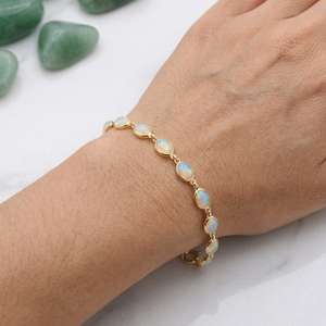 Bracelet tennis en or jaune massif 18 carats avec opale naturelle de qualité supérieure, taille ovale, pour femme, unisexe, cadeau, bijoux Memoria Jewels - Product Image 5