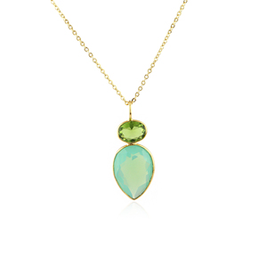 Double gemstone necklace green opalite & peridot quartz briolette pendant 18k gold plated brass <b>cable</b> chain jewelry for Supplies - Product Image 1
