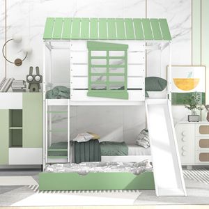 Letto a castello bianco e verde per bambini con scivolo convertibile e letto estraibile - Product Image 3