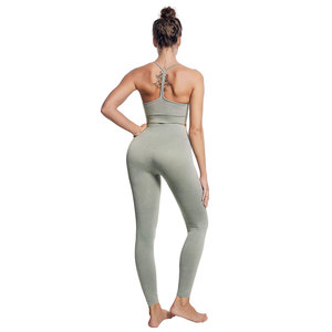 Seamless <b>Yoga</b> <b>Set</b> 2 Piece High Waist Crop Top Full Length Leggings Solid Color Strap V Neck Sport Wear for Women - Product Image 5