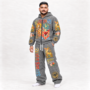 Ensemble de survêtement gris à imprimé graphique unisexe, sweat à capuche zippé et pantalon large, étiquette personnalisée, streetwear coloré, vente en gros - Product Image 4