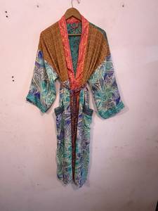 Lightweight Saree Silk V-neck Drawstring <b>Kimono</b> Robe Full-Length Dressing Gown with Patchwork Soft & Breathable Women's Wear - Product Image 5