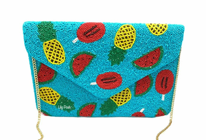 Pochette artisanale légère perlée avec chaîne détachable, motif fraise et poire, forme enveloppe rectangulaire, en tissu polyester - Product Image 2