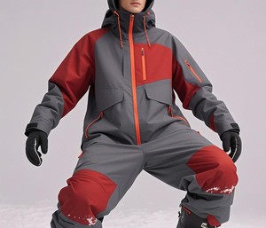 Combinaison de ski et de snowboard imperméable pour homme, couleur gris et rouge, à blocs de couleur, avec capuche, fermeture éclair, isolation synthétique, technologie Gore-Tex - Product Image 2