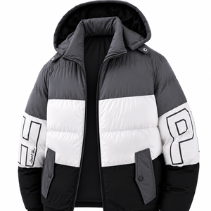 Men's Winter Color Block Hooded Puffer Jacket With Zip Closure And Pocket Design Sporty Style Windproof Thick Polyester Filling - Product Image 2