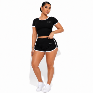 Custom Logo <b>Women</b> One Set Solid <b>Black</b> Short Sleeve <b>Crop</b> <b>Top</b> with Side Stripe Knee Four-Way Stretch Spandex Sporty Casual Outfit - Product Image 1