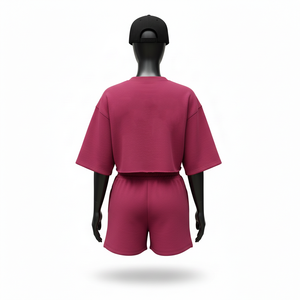 Ensemble court pour femme en molleton de coton brossé premium 280 GSM, bordeaux intense, avec logo personnalisé imprimé à l'écran - Product Image 2