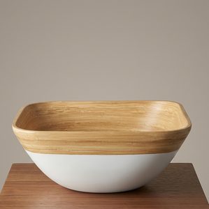 Bamboo Salad <b>Bowl</b> Set with Fork and Spoon Servers <b>White</b> Wood <b>Serving</b> Mixing <b>Bowl</b> subtainable products - Product Image 1