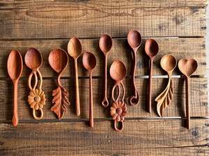 99D Natürliches Holz Vergoldetes Servierlöffel-Set 5-teilig Umweltfreundlich Langer Griff Vintage Landhausstil Kokosnussöl-Politur Emma - Product Image 3