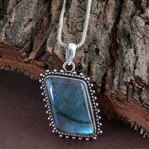 SHYAM JEWELRS Vintage 925 Sterling Silver Labradorite Pendant Necklace Bezel Setting Rectangle Natural Stone Snake <b>Chain</b> Blue - Product Image 6