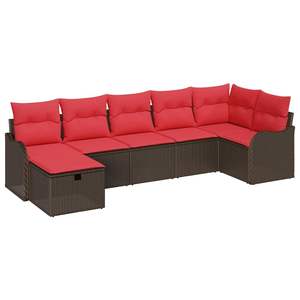 ชุดโซฟาหวายโพลีสีน้ำตาลและสีแดง 7 ชิ้นพร้อมเบาะรองนั่ง เฟอร์นิเจอร์ลานบ้านแบบแมนนวล - Product Image 2