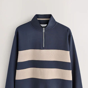 Suéter de punto para hombre, azul marino a rayas, con media cremallera, corte regular, cuello alto, informal, para otoño e invierno, manga larga, cálido - Product Image 2