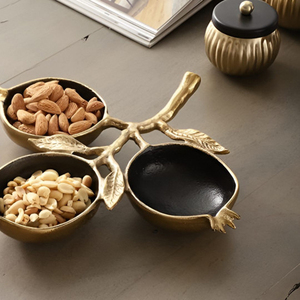 Plateau de service de luxe en métal doré en forme de grenade à trois compartiments pour collations, fruits secs, décoration de table et de maison - Product Image 4