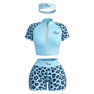 Custom Logo Women's 2 Piece <b>Set</b> Leopard Print Zip Up Crop Top High Waist Biker Shorts with Headband OEM Athleisure Wear - Product Image 2