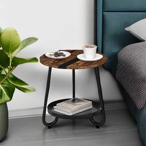 Table basse ronde à 2 niveaux, style industriel, avec plateau en métal, petite table basse en bois pour chambre à coucher, balcon, patio, salon - Product Image 3