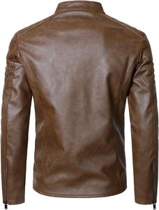 Men Brown Genuine Leather Slim Moto Biker Jacket Stand Collar Zipper Front Solid Color Regular Sleeve Autumn Style Finished - Product Image 3