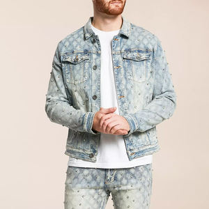 Men's Slim Fit <b>Denim</b> <b>Jacket</b> With Rivet Decoration Turn-down Collar Casual Style Washed Finish Autumn Wear - Product Image 1