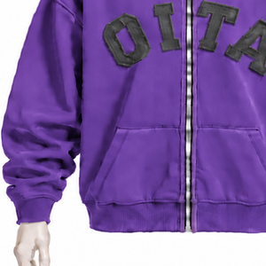 <b>Purple</b> <b>Mens</b> Zip Front <b>Hoodie</b> Chenille Letter Applique Heavyweight Fleece Loose Fit Casual Streetwear Sweatshirt with Kangaroo - Product Image 6