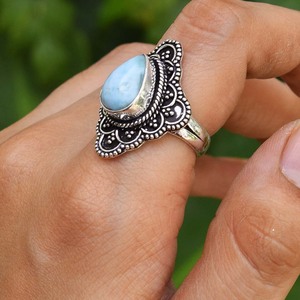 Bague Larimar en Argent Sterling 925, Pierre Précieuse Taillée Poire, Bijou de Déclaration pour Mariage, Fiançailles, Anniversaire, Sertissage Bezel - Product Image 1