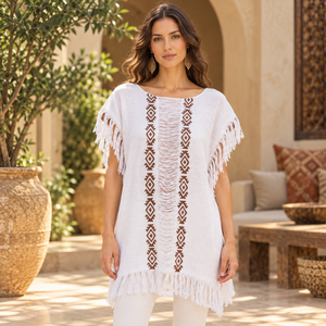 Geometric Embroidery Fringe Breathable 100% Cotton Women's Loose Kimono Sleeve <b>Top</b> Wide Neck Casual Summer Beach Vacation Outfit - Product Image 2