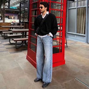 Vaqueros de mezclilla acampanados para hombre, estilo vintage urbano, 100% algodón, cintura media, lavados, tejidos, para todas las estaciones - Product Image 5