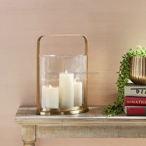 Gold Metal Lantern With Clear <b>Glass</b> Cylinder For Home Decoration Round Shape Candle Holder - Product Image 1