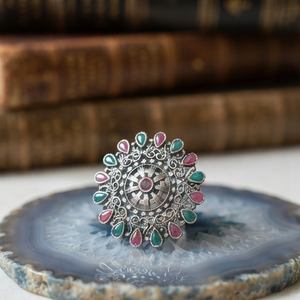 DIVYORO VINTAGE OXIDIZED <b>SILVER</b> INLAY ETHNIC STATEMENT <b>RING</b> with PINK & GREEN STONE ACCENTS - Product Image 2