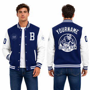 Chaqueta Universitaria Azul Rey y Blanca para Hombre, Personalizada para Club de Fútbol, Ropa Exterior con Logotipo Personalizado, Impresión por Transferencia de Calor, Directo de Fábrica - Product Image 2