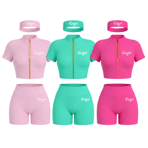 Custom Logo Women's 2 Piece <b>Set</b> Leopard Print Zip Up Crop Top High Waist Biker Shorts with Headband OEM Athleisure Wear - Product Image 6