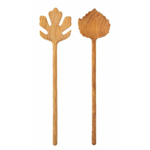 Eco-Friendly Hand-Carved Leaf Shaped Wooden Salad Servers Set Wood <b>Serving</b> <b>Spoons</b> And Forks For Kitchen Decor And Housewarming - Product Image 1