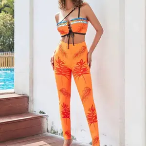 Roupas femininas com estampa de cintura alta + mini bandana diamante sem mangas, calças longas e compridas, moda laranja