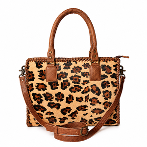 Sac fourre-tout en cuir véritable de vachette à poils, imprimé léopard, fait main, avec poignées structurées et bandoulière amovible, pour usage quotidien - Product Image 1