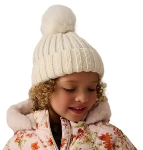 Bonnet tricoté crème avec pompon pour enfants, 52-54cm, couleur unie, chapeau d'hiver tricoté à la main, matériau acrylique, Style mignon - Product Image 1