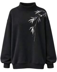 Sudadera Oversize de Forro Polar para Mujer Negra, Cuello Alto, Bordado de Bambú, Casual, Cálida para Invierno, Algodón Poliéster, Ajuste Holgado - Product Image 1